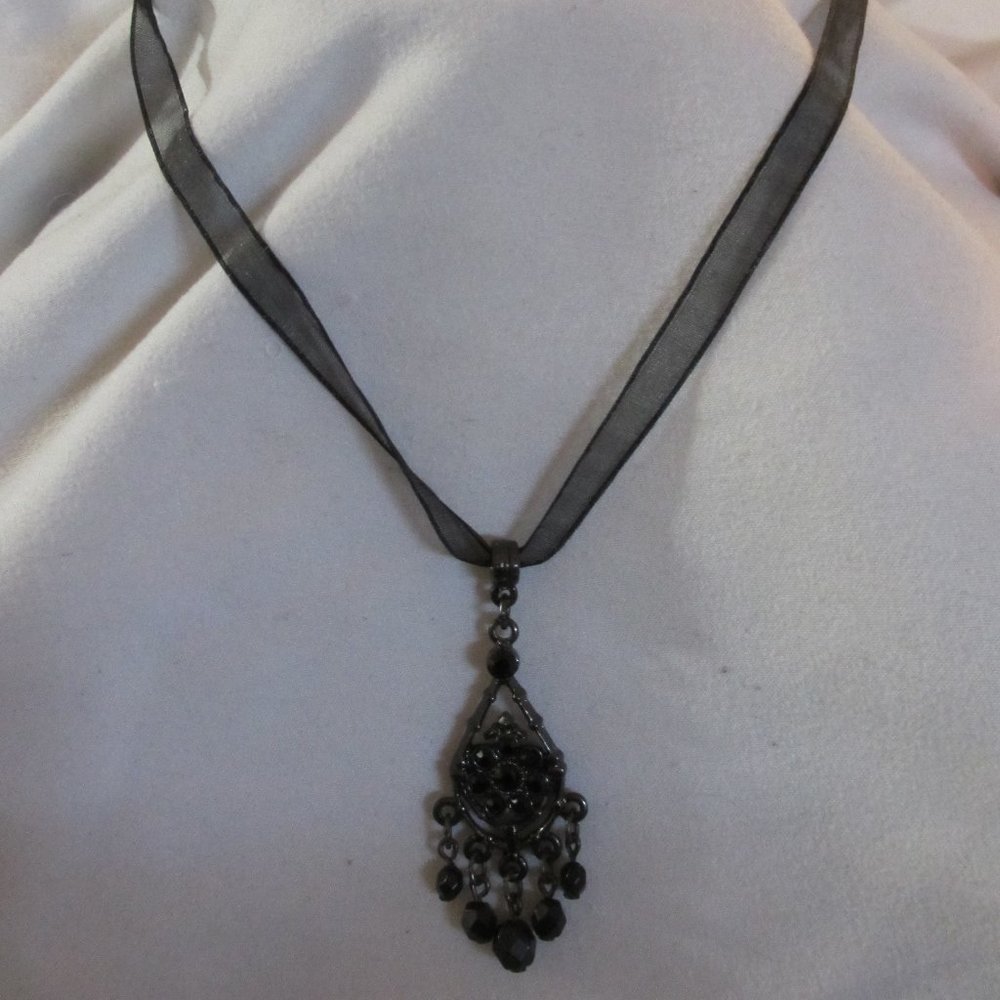 1928 Black Lace Choker w/ Black Rhinestone Pendant